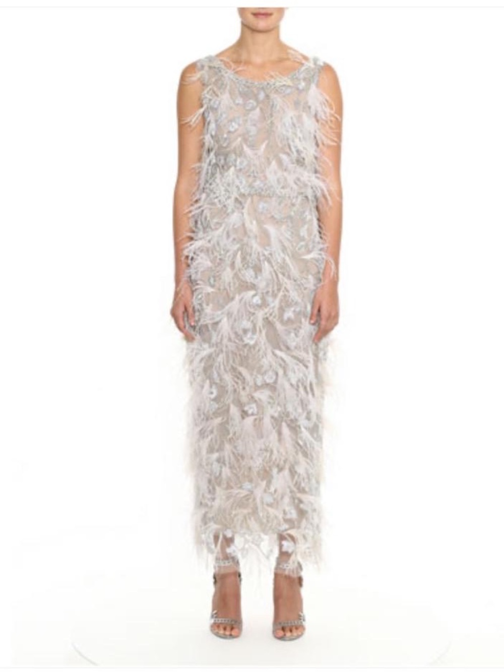 Marchesa Feather-Embellished Midi Dress in Silver